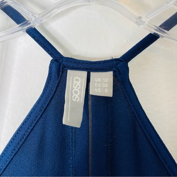 ASOS blue navy pleated tank cross wedding evening stretchy maxi dress 6 - Picture 6 of 9